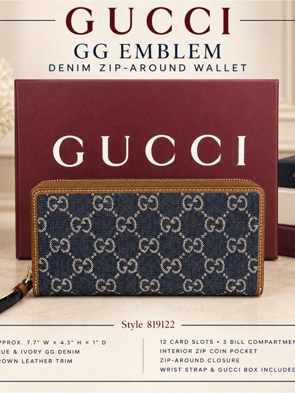 Gucci Blue Denim GG Zip-Around Wallet with Brown Leather Trim